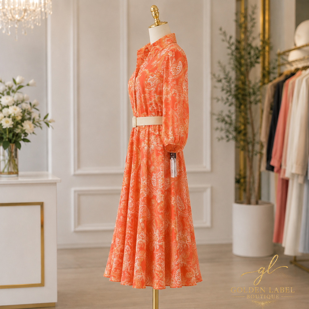 Tahari ASL Paisley Belted Fit & Flare Midi Dress Size 12 Coral Orange NWT - Picture 4 of 7